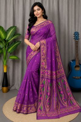 Bright Purple Pure Handloom Dhakai Jamdani Saree From Bengal