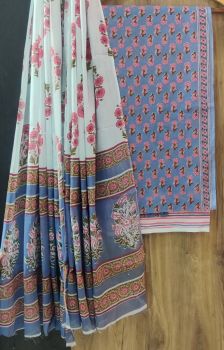 Metallic Blue Printed Suit With Flower Design Dupatta