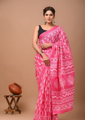 Coral Pink Pure Handloom Mulmul Saree From Bengal