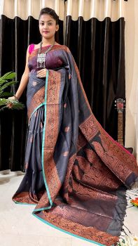 Dark grey Pure Handloom Soft Cotton By linen Flower Design Saree