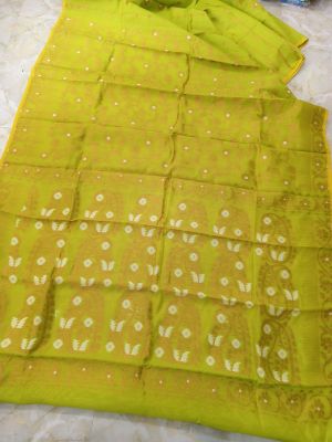 Olive Green Pure Handloom Dhakai Jamdani Saree From Bengal