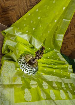 Mustard Green Leaf Design Georgette Saree From Banaras