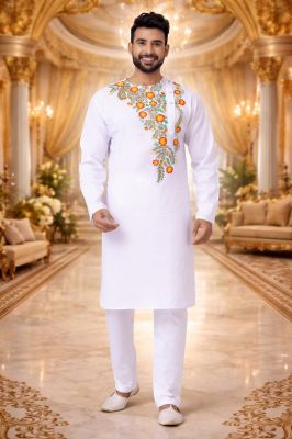 Stylish White Punjabi Kurta Pyjama with Traditional Print