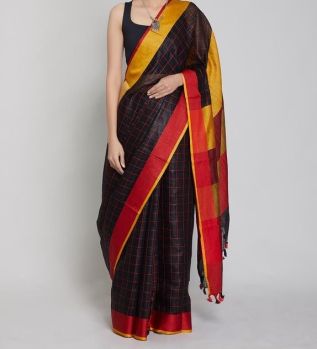 Black & Mustard Yellow Check Hand Woven Bright Yellow & Pink Plain Hand Woven Linen Saree