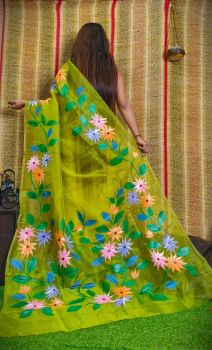 Light Yellow Hand Printed Pure Handloom Organza Saree