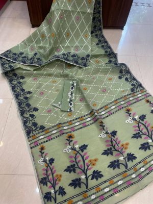 Olive Green Pure Handloom Dhakai jamdani Saree From Bengal
