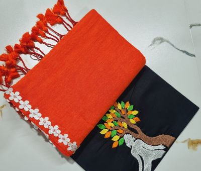 Red Black Pure Handloom Cotton Saree From Bengal