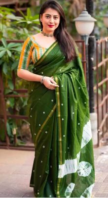 Dark Green Pure Handloom Cotton Saree From Banaras