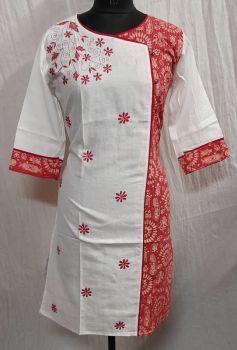 White Pure Handloom Kantha Stitch Kurti From Bengal