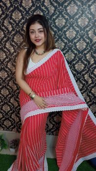 Red Stripes Design Pure Handloom Rayon Saree