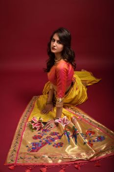 Yellow Meenakari Zari Work Banarasi Soft Silk Pathani Saree