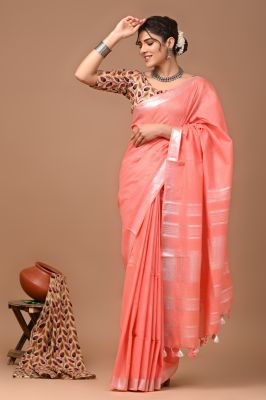 Rose Gold Pure Handloom Linen By Linen Saree From Bengal