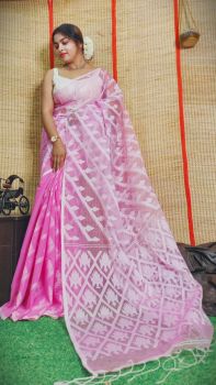 Pink Flower Design Pure Handloom Resham Cotton Saree