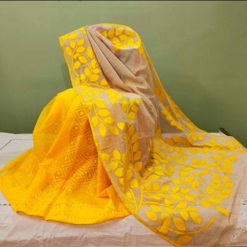 Yellow Pure Handloom Resham Kota Jamdani Leaf Design Saree