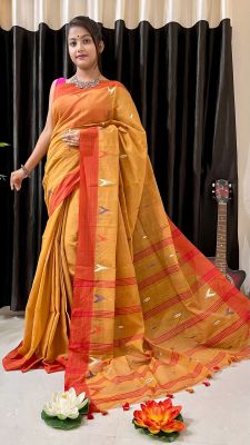 Brown Pure Handloom Silk Cotton Saree From Bengal
