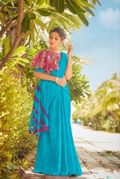 Blue Plain Body Pompom Pallu Linen Saree