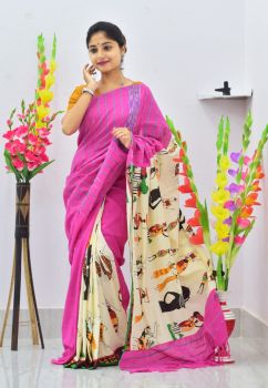 Hot Pink Pure Handloom Khesh Cotton Saree From Bengal