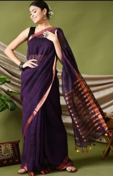 Violet Plain Body Pure Handloom Linen Saree