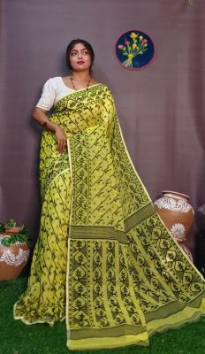 Olive Yellow Pure Handloom Dhakai Jamdani Saree From Bengal
