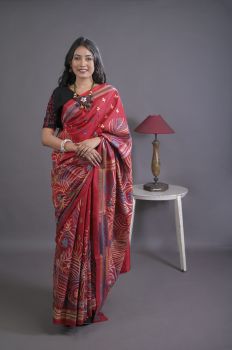 Red Pure Handloom Silk Katha Stitch Saree From Bengal
