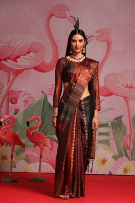 Tan Black Pure Handloom Silk Saree From Gujarat