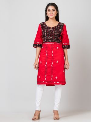 Red Pure Handloom Kantha Stitch Kurti From Bengal