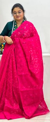 Dark Pink Pure Handloom Cotton Saree From Bengal
