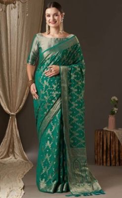 Aqua Green Pure Handloom Georgette Saree From Banaras