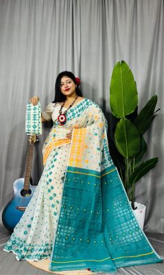 Sea Blue Pure Handloom Dhakai Jamdani Saree From Bengal