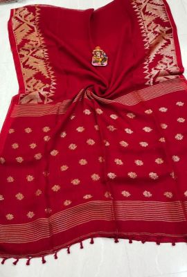 Red Pure Handloom Linen By Linen Saree From Bengal