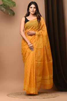 Fuel Yellow Hand Block Kota Doriya Printed Leaf Design SareeHand Block Kota Doriya Printed Leaf Design Saree