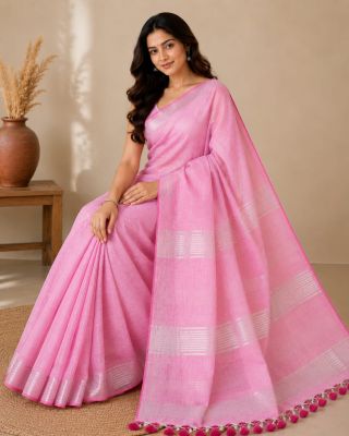 Pink Pure Handloom Linen By Linen Saree From Bengal