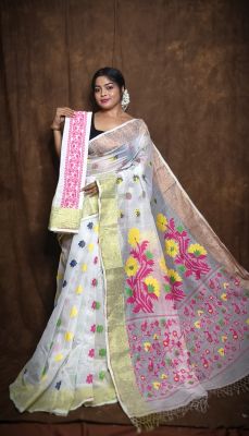 White Pure Handloom Dhakai Jamdani Saree From Bengal