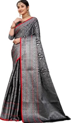 Charcoal Gray Pure Handloom Banarasi Silk Saree From Banaras