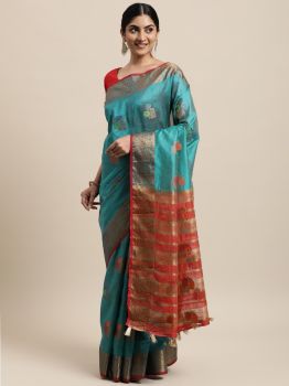Teal Floral Zari Silk Cotton Chanderi Saree