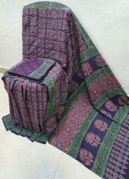 Blue Green Hand Block Printed Work Saree