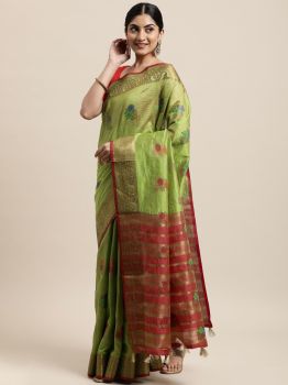 Green Woven Design Silk Cotton Chanderi Saree