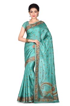Sky Blue Tree Design Pure Tassar Silk Saree
