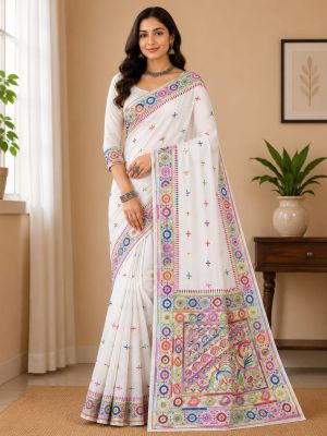 White Pure Handloom Semi Silk Kanthastitch Saree From Bengal