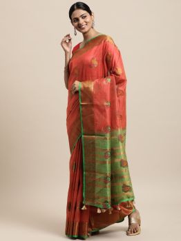 Coral Peach Ethnic Motifs Zari Silk Cotton Chanderi Saree