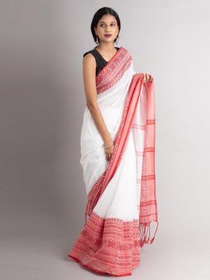 White Pure Handloom Cotton Saree From Bengal