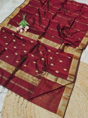 Leaf Design Pure Handloom Maheshwari Silk Cotton Saree From Bengal