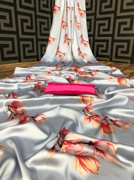 Light Grey Digital Printed Flower Design Heavy Satin Silk Saree