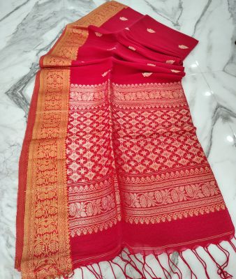 Red Pure Handloom Linen By Linen Saree From Bengal