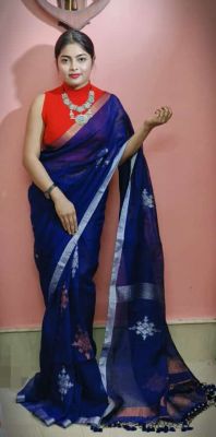 Navy Blue Pure Handloom Linen By Linen Saree From Bengal