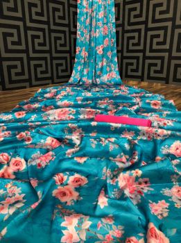 Light Blue Printed Flower Design Heavy Satin Silk Saree