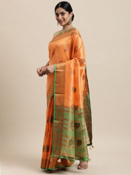 Orange Floral Zari Silk Cotton Chanderi Saree