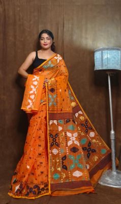 Dark Orange Pure Handlloom Dhkai Jamdani Saree From Bengal