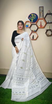 White Pure Handloom Dhakai Jamdan Saree From Bengal