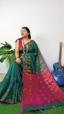 Aqua Green Pure Handloom Silk Cotton Saree From Bengal